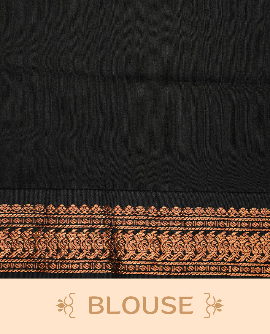 Orange colour kalyani cotton saree featuring gold zari motifs on body, highlighting contrast Black colour with Antique gold zari border, paired with matching blouse piece.