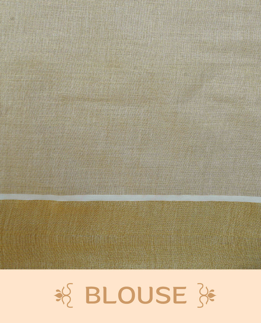 Cream colour Tissue kerala saree featuring Embroidery buttas on body, complemented by Floral thread work & kasavu kara, comes with matching blouse piece.