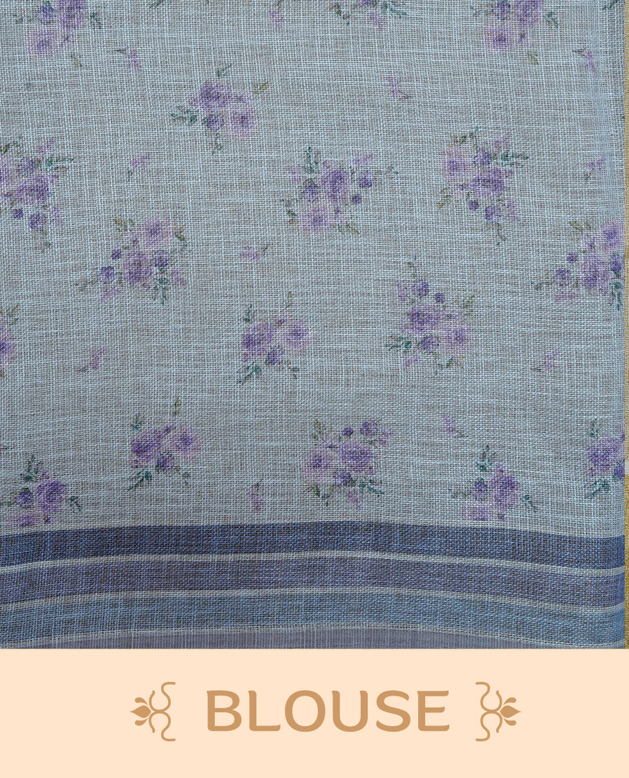 Cream colour semi linen saree featuring Purple colour floral print on body, complemented by contrast Strip pattern border, comes with matching blouse piece.