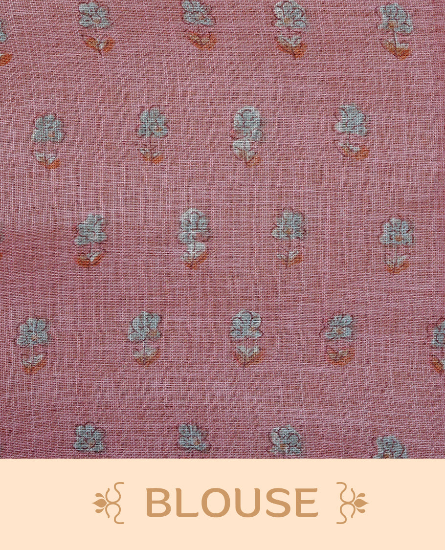 Cream colour semi linen saree featuring Floral printed buttas on body, complemented by contrast Peach colour border, comes with matching blouse piece.