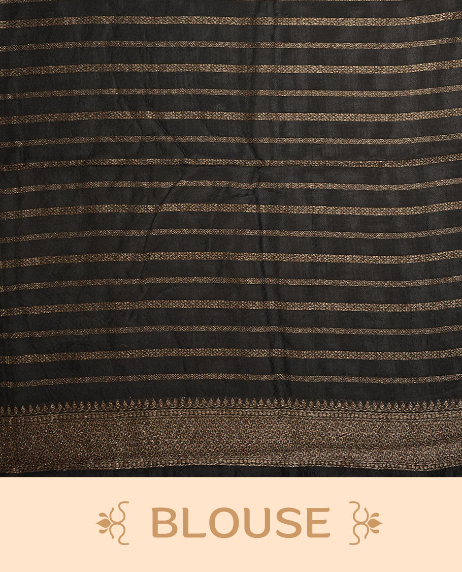 Black colour semi Banarasi Tussar Georgette saree with delicate gold zari buttas on the body, a rich golden zari pallu, and detailed woven border & Comes with a matching blouse piece.