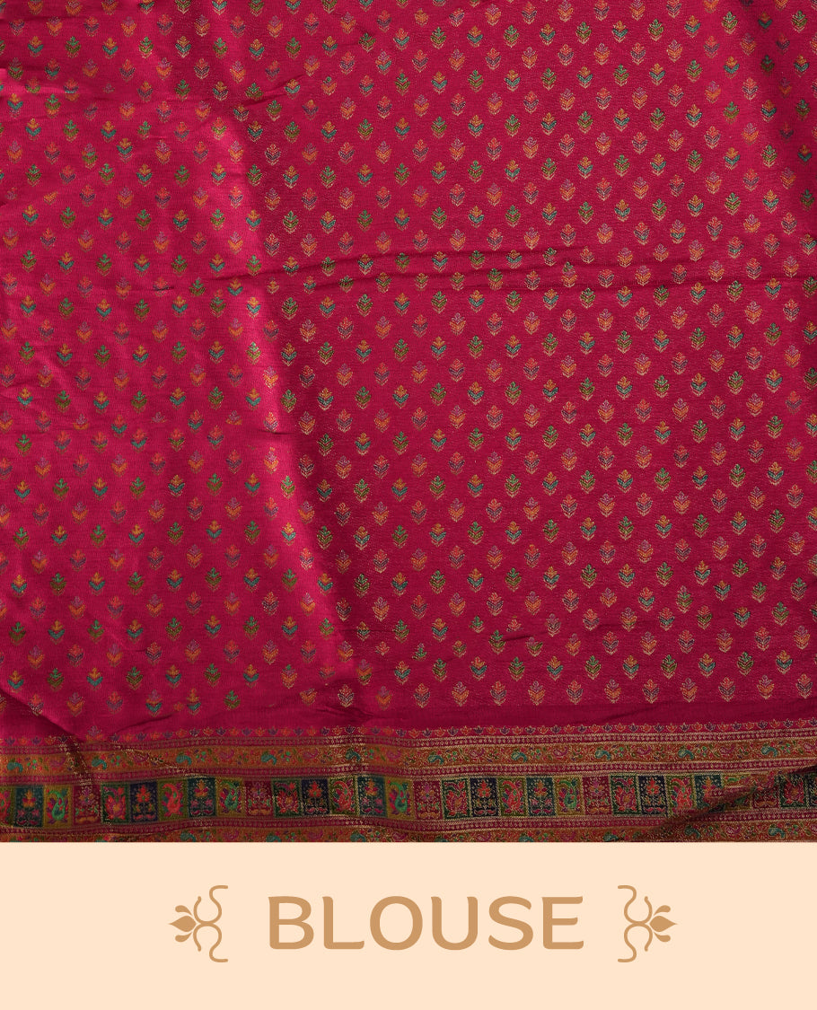 Cream Pashmina Silk Saree with Plain Body, Adorned with Intricately Woven Multicolor Paisley and Floral Motifs on Vibrant Pink-Gold Zari Border & Grand Pallu, Paired with Matching Blouse Piece