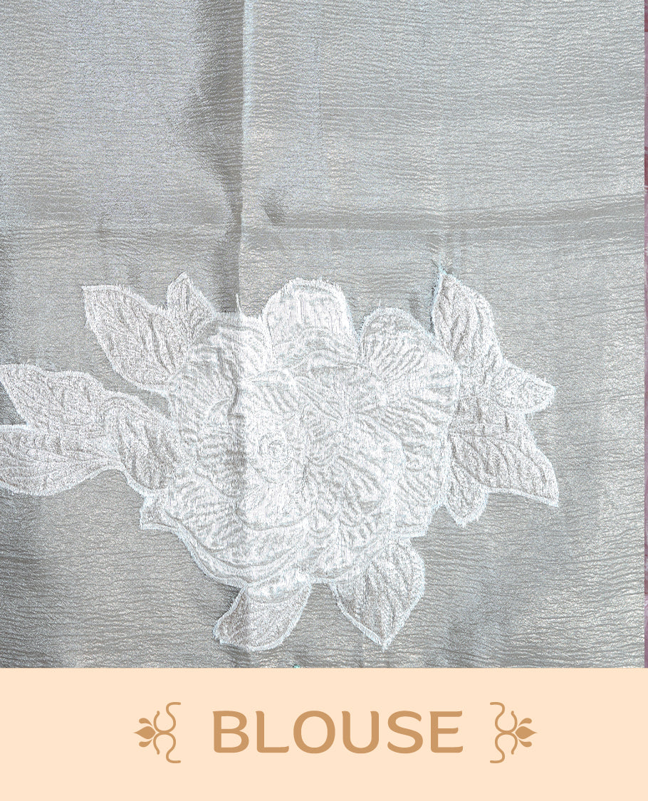 Pastel Green colour Crush Organza Saree featuring White floral Pattern on body, complemented by classy Thread border, paired with matching blouse piece.