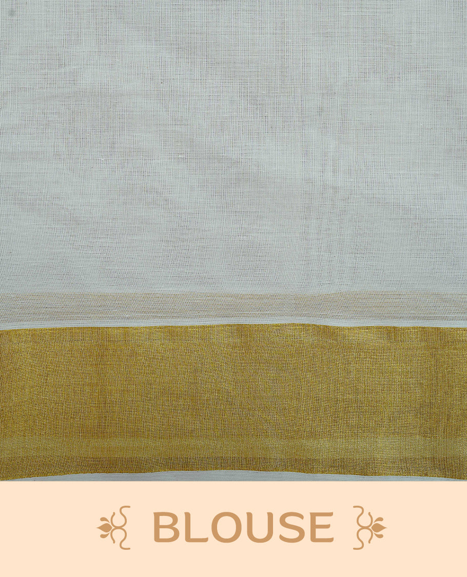 Cream Colour Cotton Kerala Saree Featuring Floral And Lotus Motifs On Body, With A Classic Gold Zari Border & A Gold Zari Pallu, Paired With A Matching Blouse Piece.