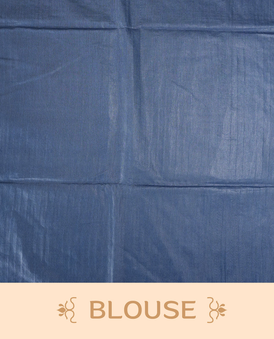 Blue colour semi jute saree with vertical white stripes for a modern appeal, Soft texture, sleek border, tassel pallu, and subtle multicolor detailing & Includes matching blouse piece for a complete look.