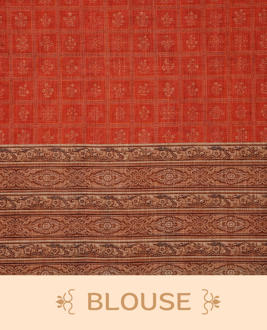 Off white Semi Linen Saree featuring One side Red Indian Cultural Painting print, silver tissue border, comes with Matching blouse piece with same unique Pattern.