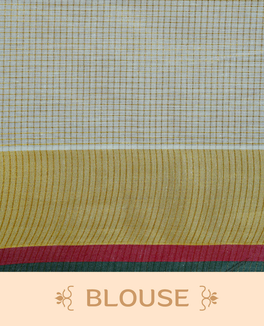 Cream colour cotton Kerala saree Featuring Gold zari Checks across the body, complemented by Classy gold zari with an Maroon  &  Green Border & pallu, paired with a matching blouse piece.