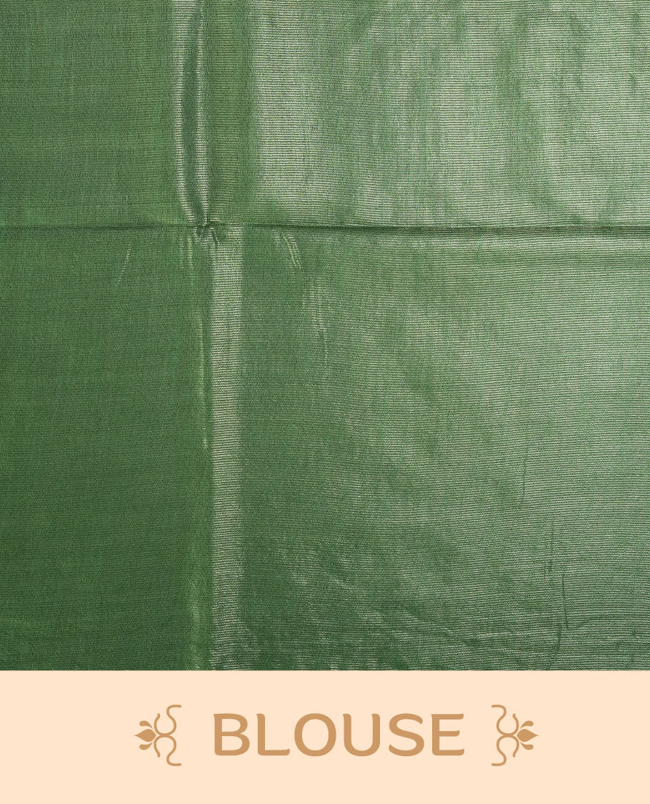 Pastel green colour semi jute tissue saree featuring subtle self weave patterns across the body, complemented by a delicately designed pallu with intricate geometric motifs & Comes with a matching blouse piece for a complete look.