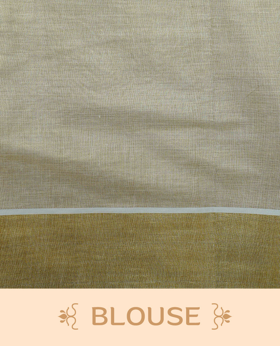 Cream colour Tissue kerala saree featuring Embroidery buttas on body, complemented by Leaf thread work & kasavu kara, comes with matching blouse piece.