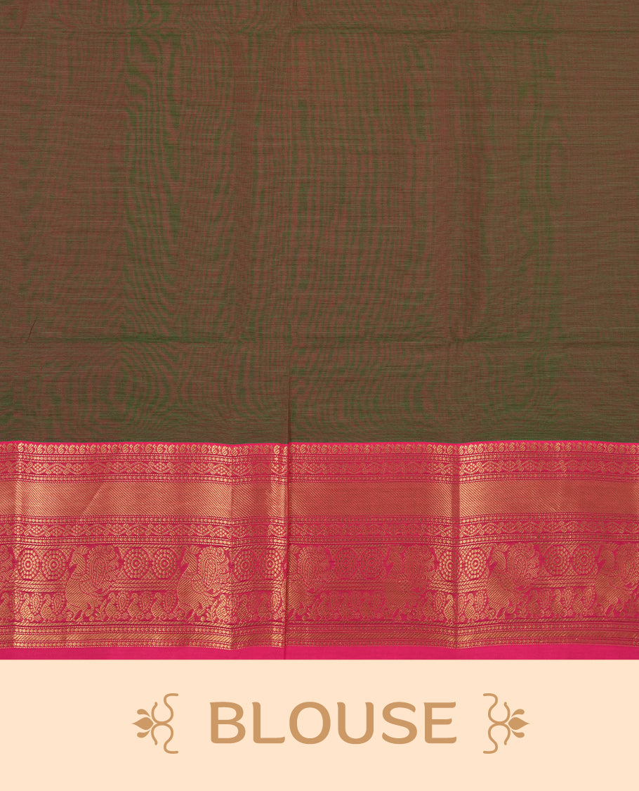 Green and magenta colour dual shaded Chettinad cotton saree adorned with delicate golden zari lines on the body, The rich magenta border features intricate floral and paisley zari motifs & Comes with a matching blouse piece.