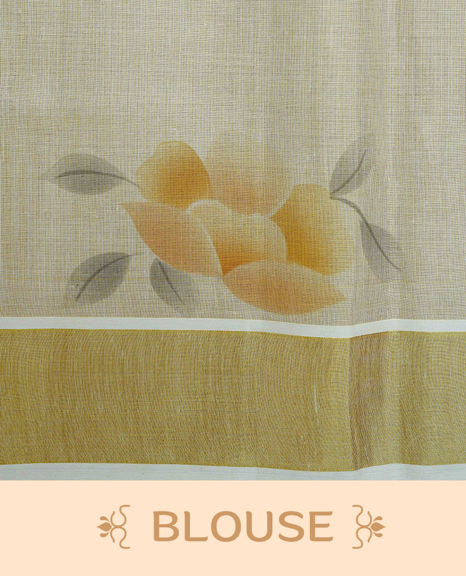 Cream Colour Tissue Kerala Saree Featuring Digital Mustard Yellow Rose Prints Across The Body, Enhanced With A Gold Zari Border , Finished With Light Brown & Cream Tassels And A Matching Blouse Piece