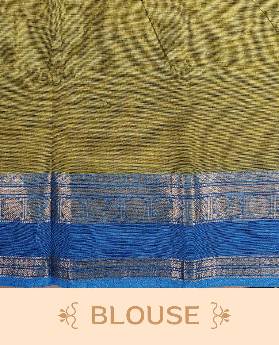 Olive colour Chettinad cotton saree featuring Elegant body, complemented by Contrast Blue colour with Gold zari border, paired with matching blouse piece.
