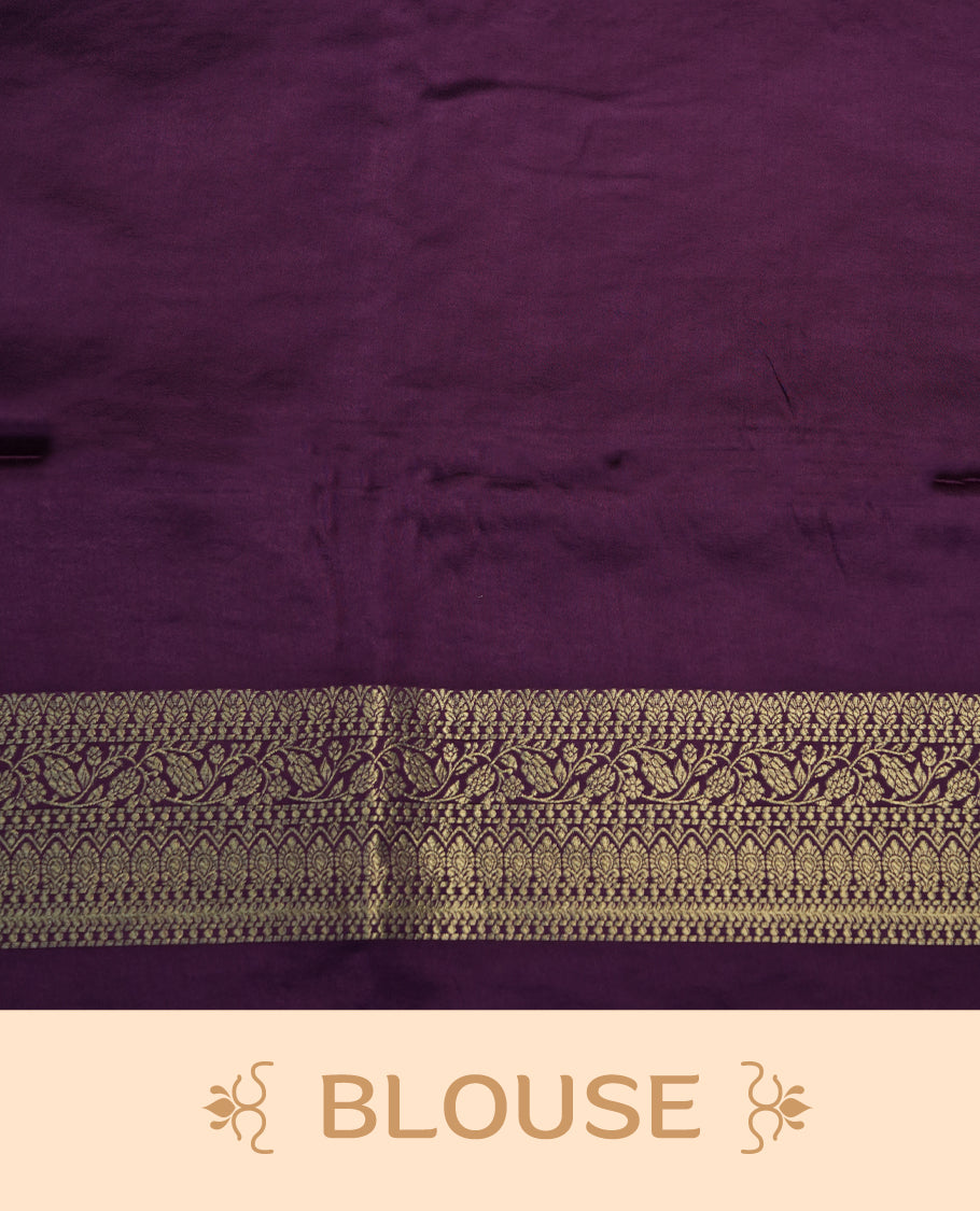 Purple Colour Semi Banaras Satin Crepe Saree with Silver Zari Buti Motifs, Traditional Banarasi Border Design, Woven Pallu with Geometric Patterns, Decorative Tassels, with Matching Blouse