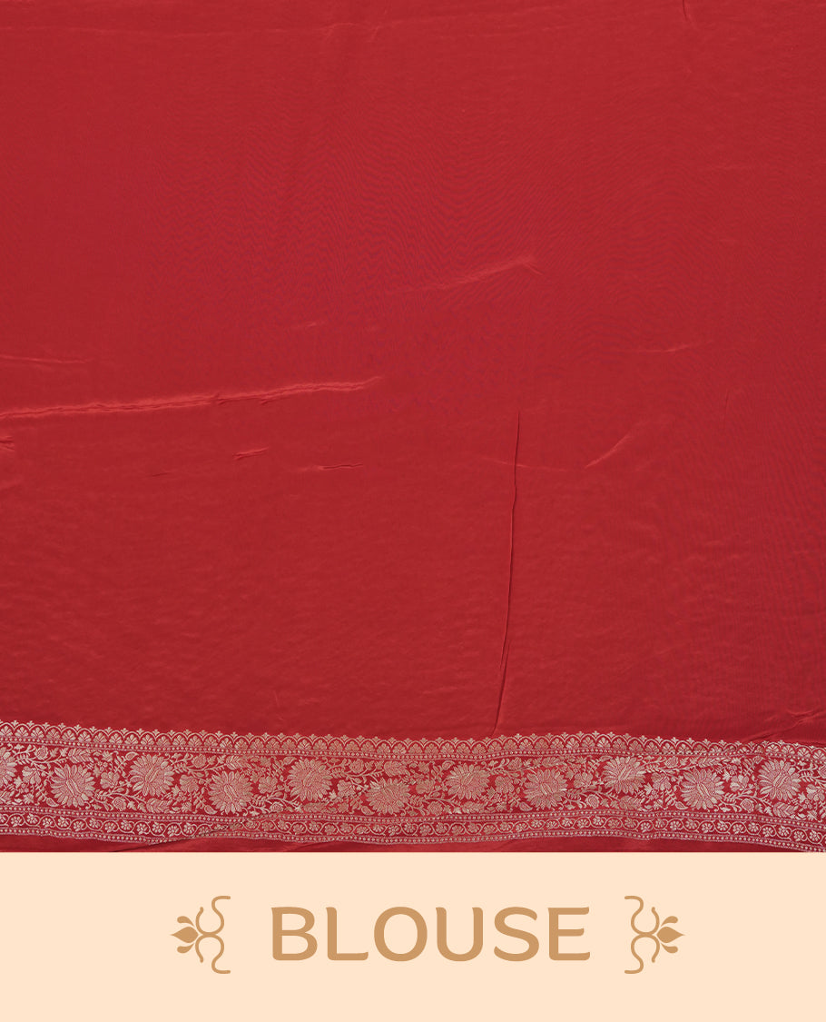 Bright red colour banaras satin crepe saree fearturing gold tiny leaf motifs on body, kodi visiri pattern on border & pallu and paired with matching blouse