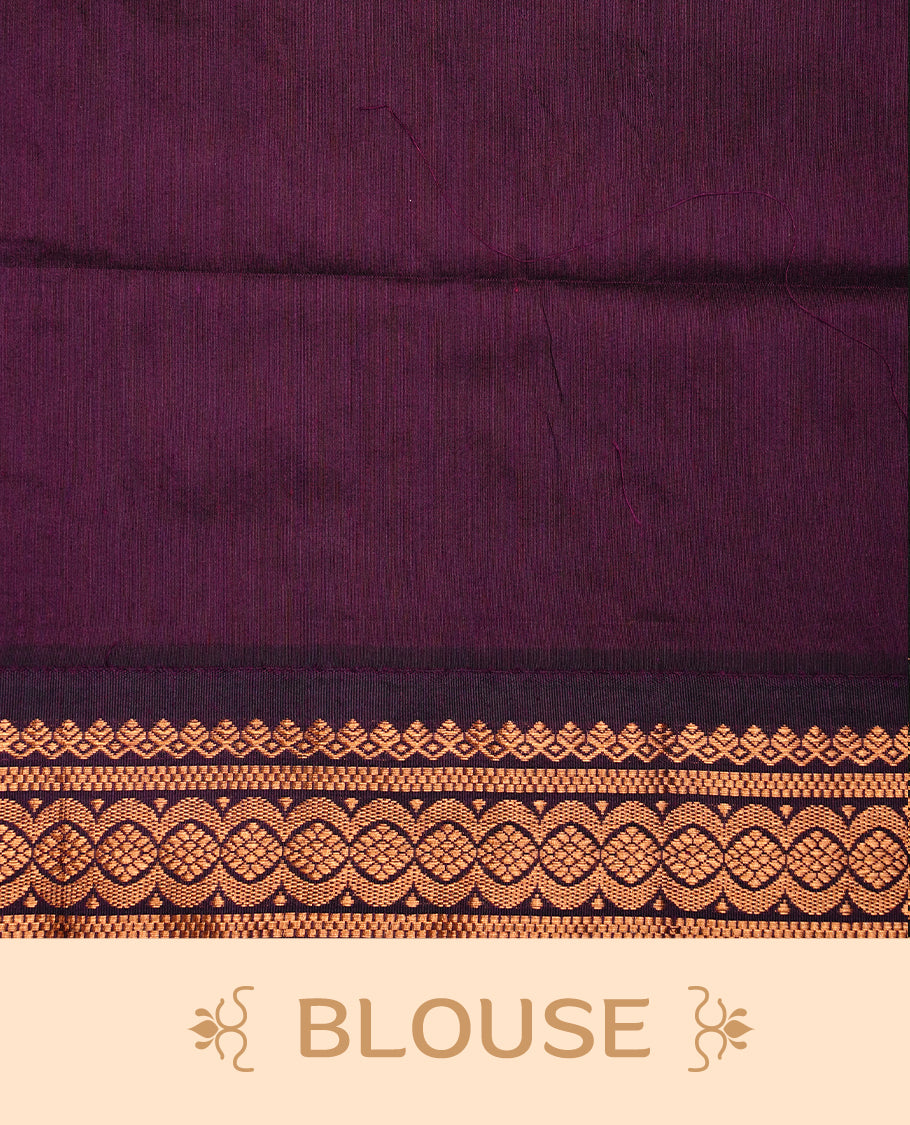 Orange colour kalyani cotton saree featuring gold zari motifs on body, highlighting contrast Purple colour with Antique gold zari border, paired with matching blouse piece.