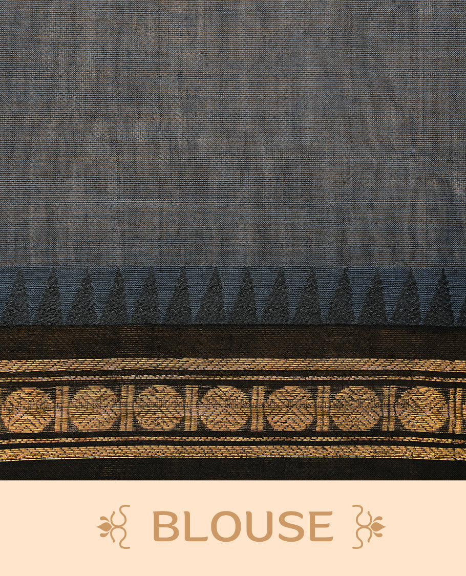 Bluish grey colour chettinad cotton saree featuring elegant plain body, complemented by black colour with zari border, paired with matching blouse piece.