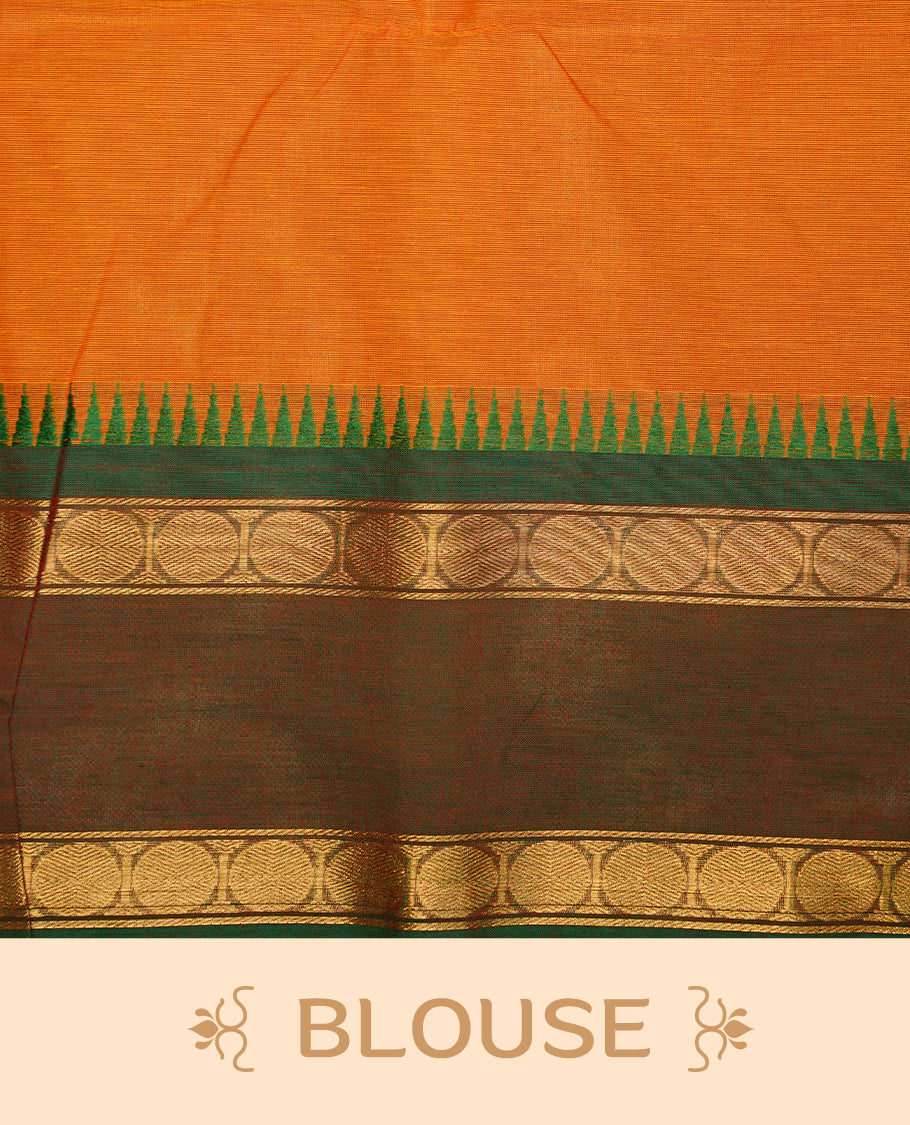 Orange colour chettinad cotton saree featuring motifs on body, complemented by Green colour with zari border, paired with matching blouse piece.