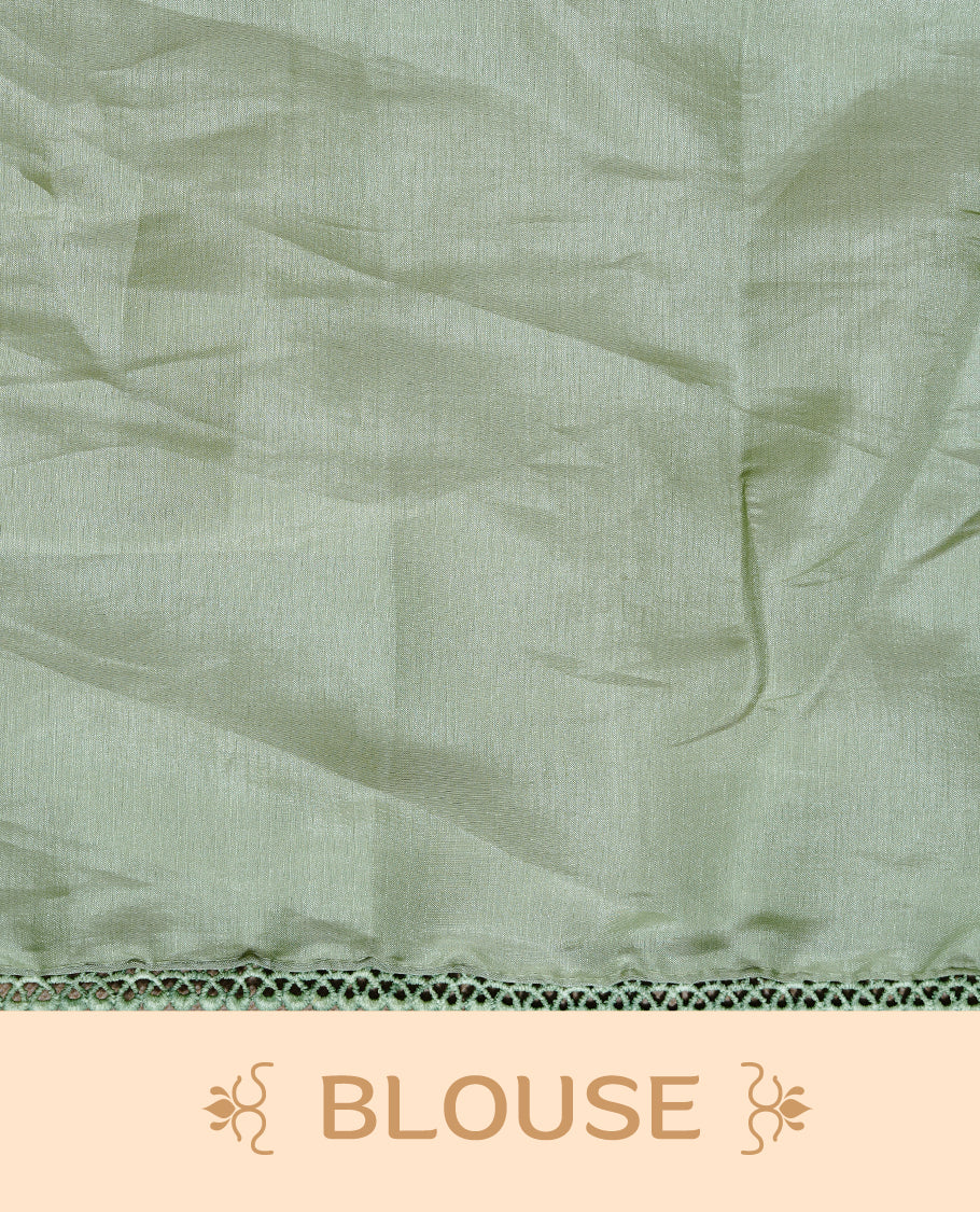 Pastel Green colour Designer saree Featuring Elegant plain body, enhance with thread Lotus Pattern with lace border, paired with matching blouse piece.