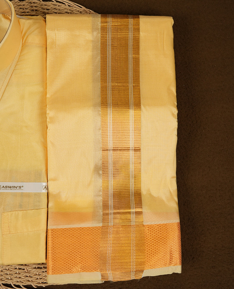 Champ colour Aswin’s wedding set featuring a refined silk shirt and matching dhoti with gold zari detailing, crafted for timeless elegance and perfect for traditional weddings and festive occasions.
