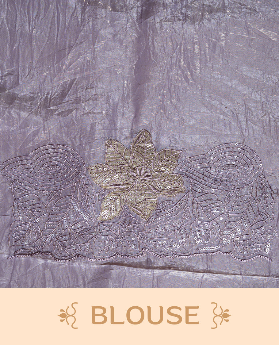 Pastel Purple colour Crush Organza Featuring Plain body, Enrich with Floral thread pattern with sequins & scalp border, paired with matching blouse piece.