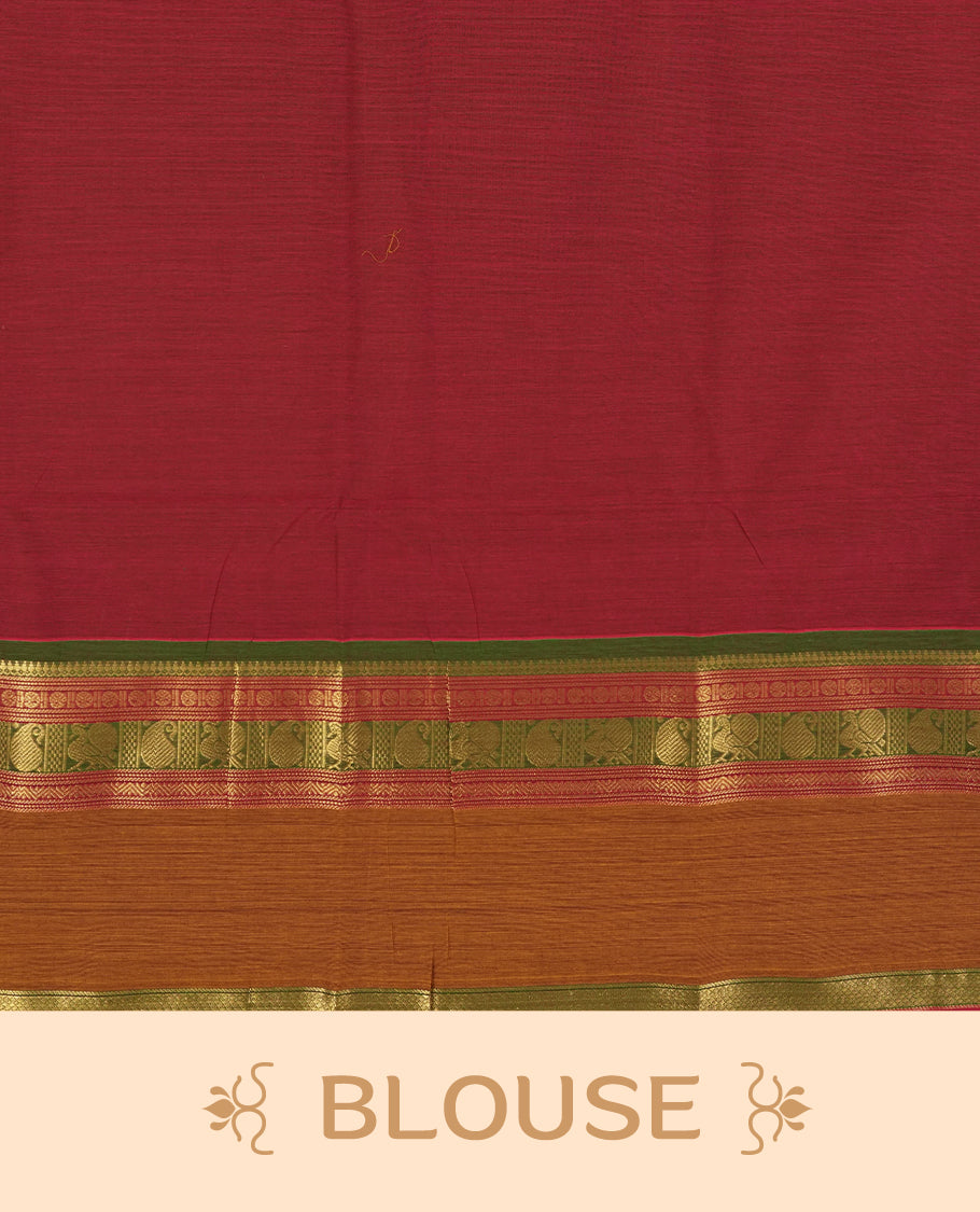 Dark marooon colour Chettinad cotton saree adorned with small peacock motifs on the body, it features a contrast maroon and brown border highlighted with intricate green and golden zari weaving & Comes with a matching blouse piece.