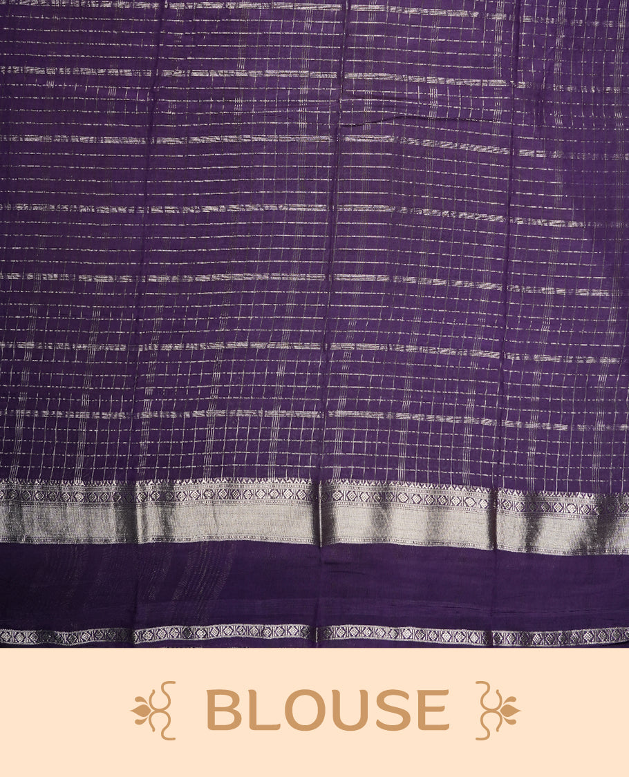 White colour mixed chanderi cotton saree with checkered body, deep purple pallu with rose gold zari border, and matching purple blouse.