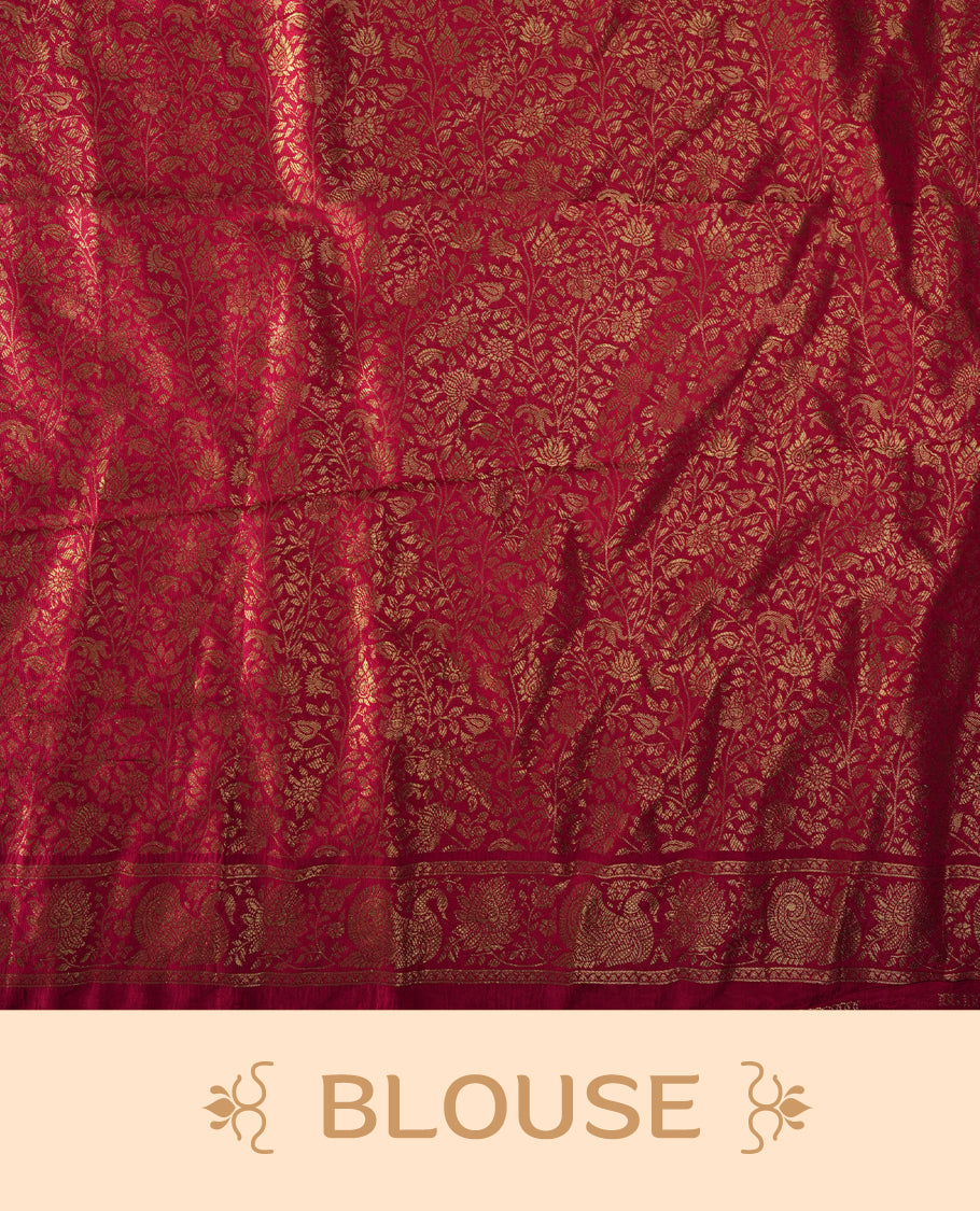 Cream Pashmina Silk Saree with Plain Body, Vibrant Multicolor Embroidered Elephant and Floral Motifs on Contrasting Pink Zari Border & Pallu, Paired with Matching Blouse Piece