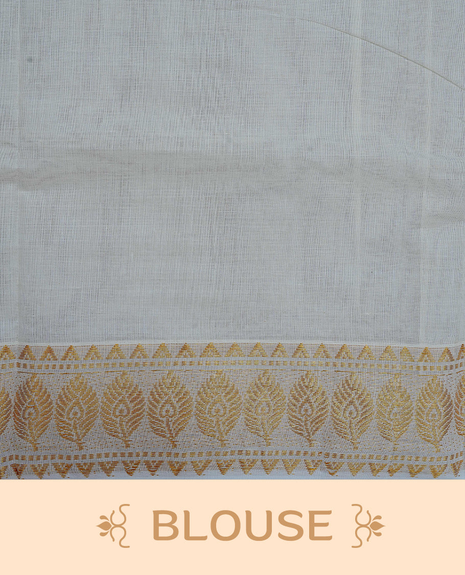 Cream Colour Cotton Kerala Saree Featuring Gold Buttas on the Body, a Classy Gold Zari Border, and a Traditional Red Colour Lord Krishna Thread work and Gold Zari Pallu, Paired with a Matching Blouse Piece.