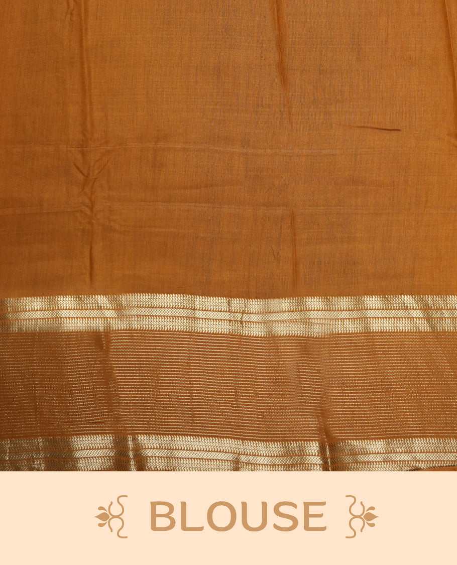 Black chanderi cotton saree featuring plain body, mustard orange pallu with gold zari border, matching mustard orange blouse.