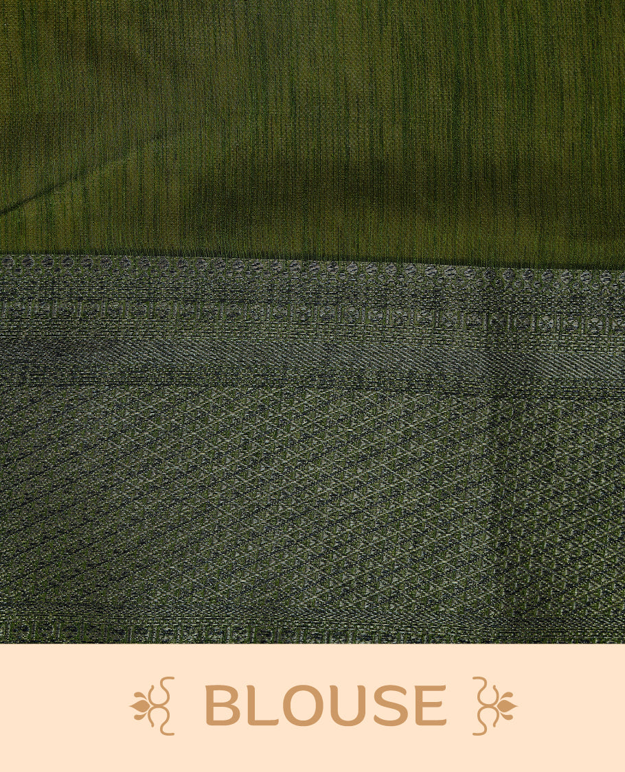 Burgundy colour Semi linen saree featuring Elegant plain body, complemented by contrast Green colour With Antique zari border, paired with matching blouse piece.