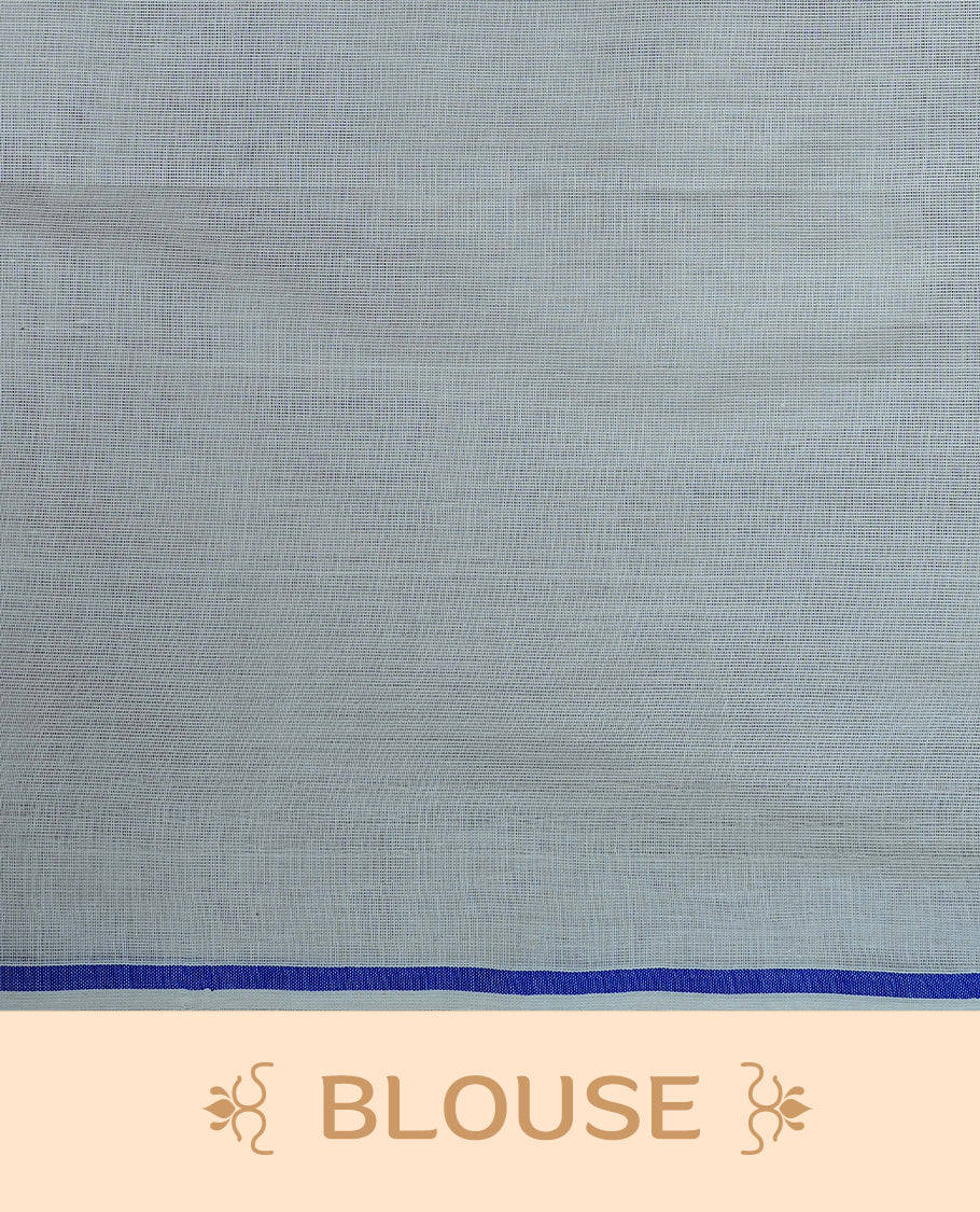 Cream Colour cotton Kerala Saree Featuring A Plain Body, Enhanced By A Minimalistic Blue Border, Paired With A Matching Blouse Piece.