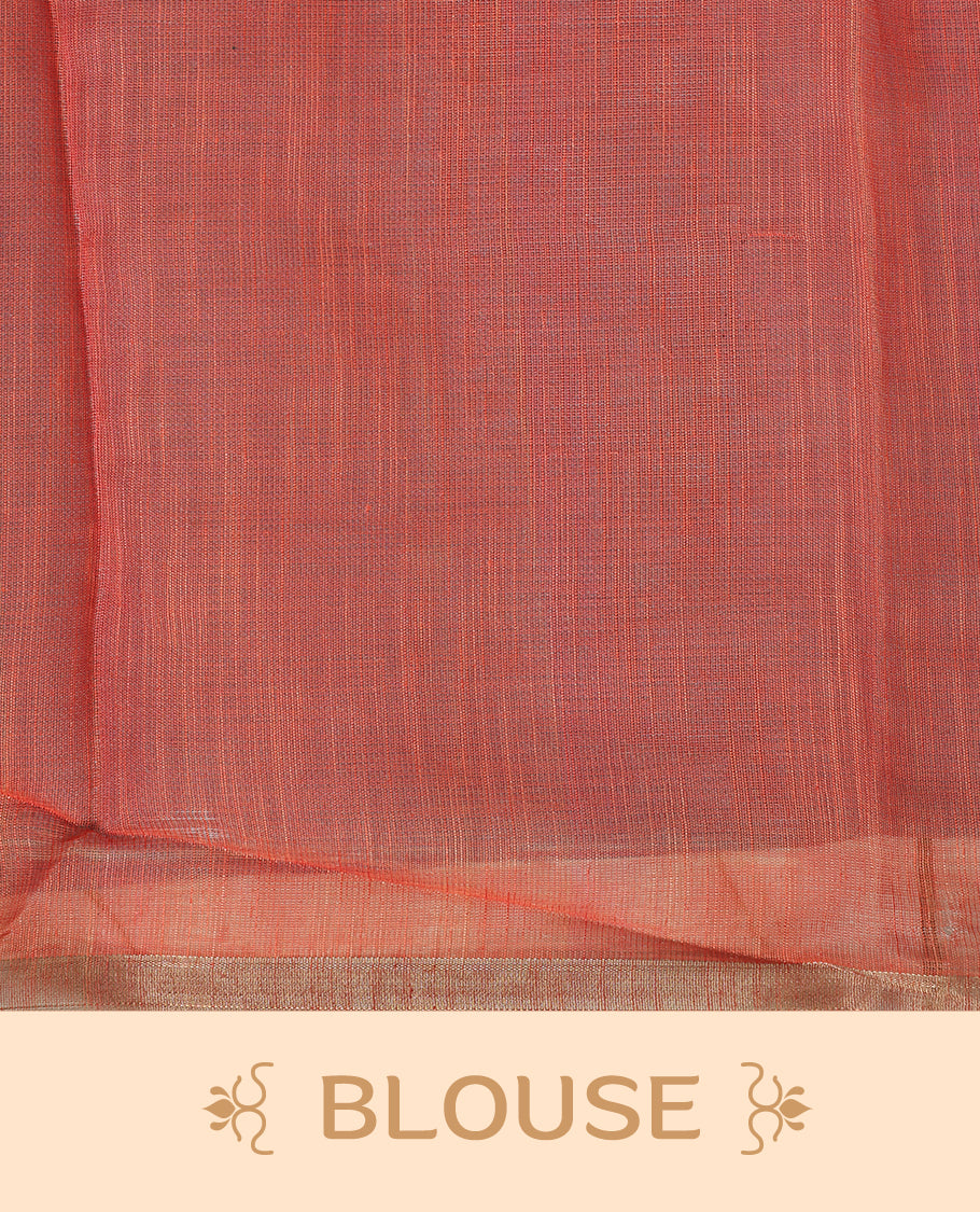 Off-white linen saree featuring beautiful orange floral and leafy prints on the body, complemented by a tissue piping border and a contrasting pallu. Paired with a matching blouse piece.