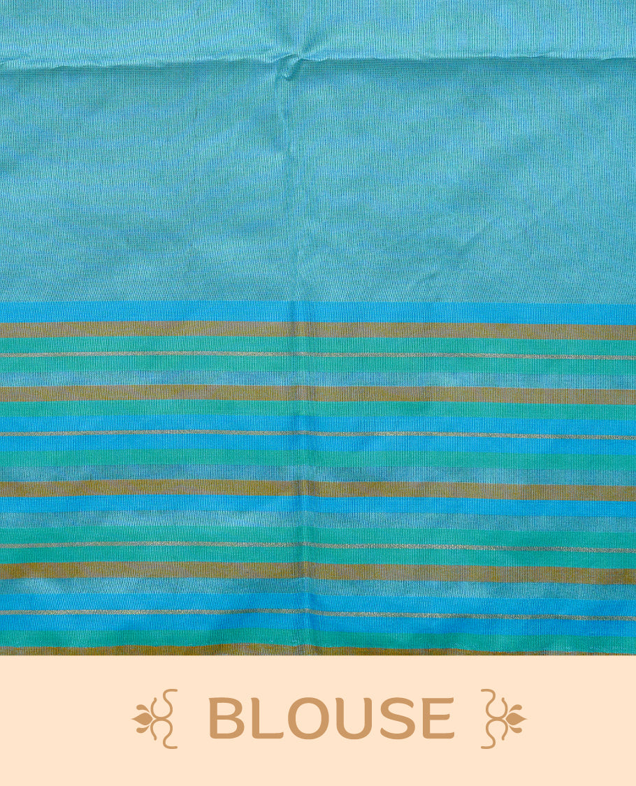 Off white colour semi linen saree featuring Elegant Plain body, complemented by contrast Blue, green Mustard colour with strip border, comes with matching blouse piece.