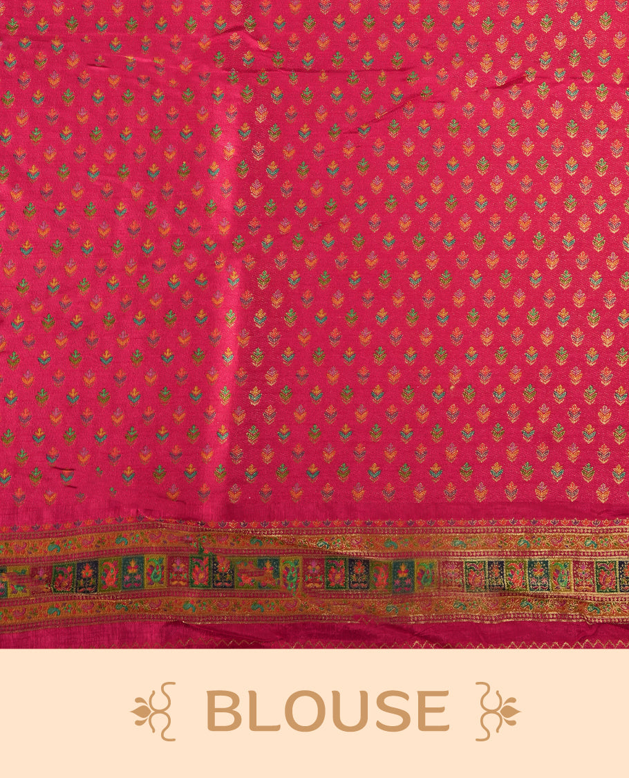 Orange Pashmina Silk Saree with Plain Body, Adorned with Intricate Multicolor Paisley and Floral Motifs on Elegant Pink-Green Zari Border & Rich Pallu, Paired with Matching Blouse Piece