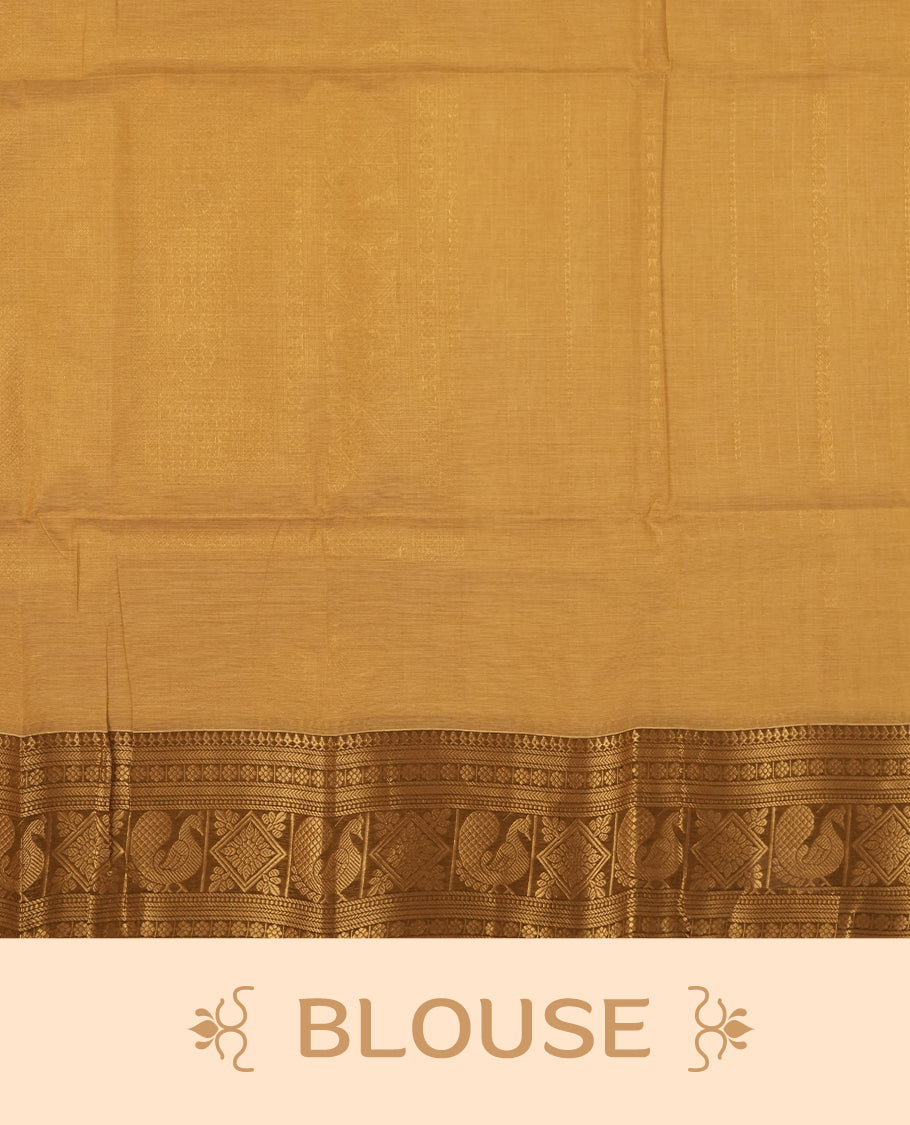 Pastel brown colour Chettinad cotton saree featuring small zari striped motifs on the body, complemented by a rich golden zari woven border with intricate traditional pattern & Comes with a matching blouse piece.