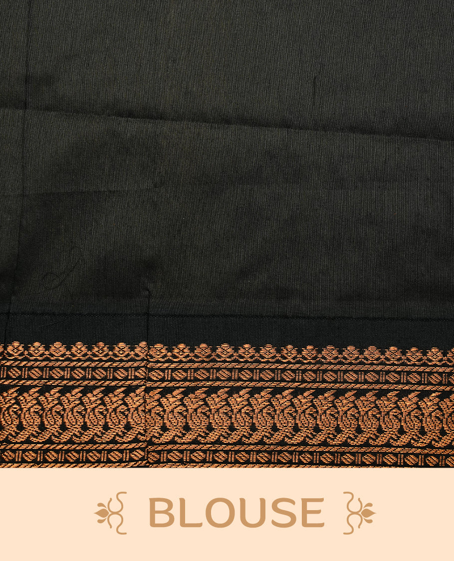 Mustard colour kalyani cotton saree featuring gold zari motifs on body, highlighting contrast Black colour with Antique gold zari border, paired with matching blouse piece.