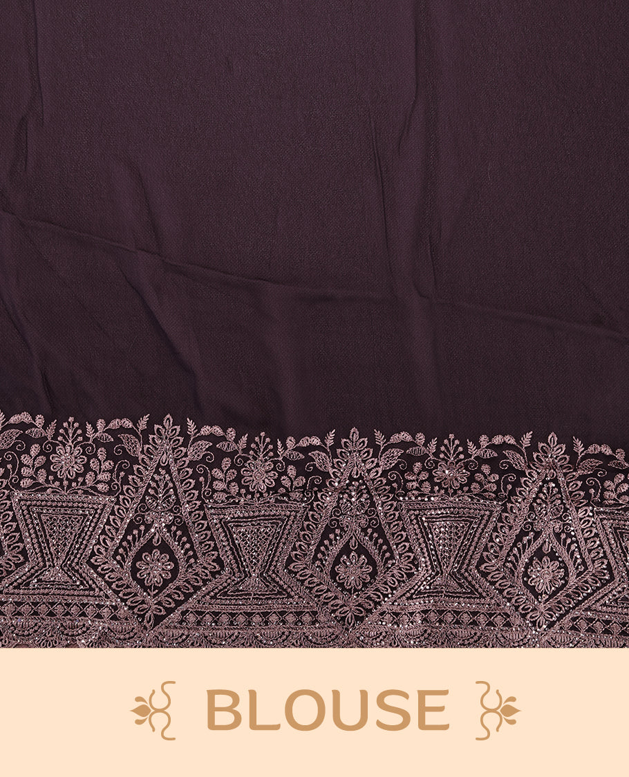 Deep purple colour georgette designer saree featuring Gold thread floral pattern on body highlighting with stone and scalp border, paired with matching blouse piece.