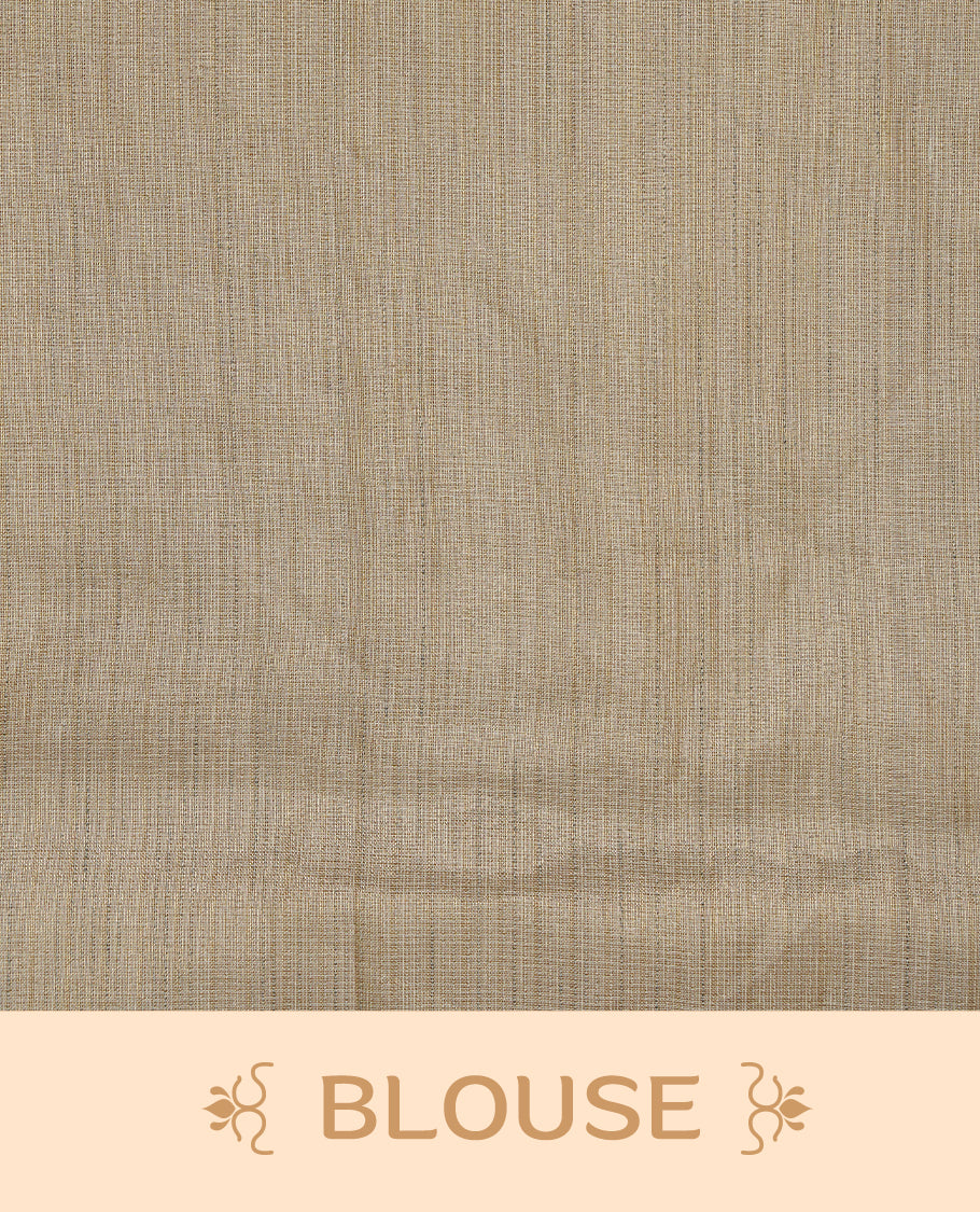 Cream colour Tussar saree featuring yellow colour circle pattern with chikankari embroidery work, highlighting gold zari simple border, paired with matching unstitched blouse.