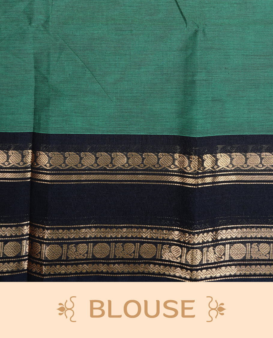 Green colour chettinad saree featuring Elegant Plain on body, complemented by contrast black colour with Gold zari border, paired wih matching blouse piece.