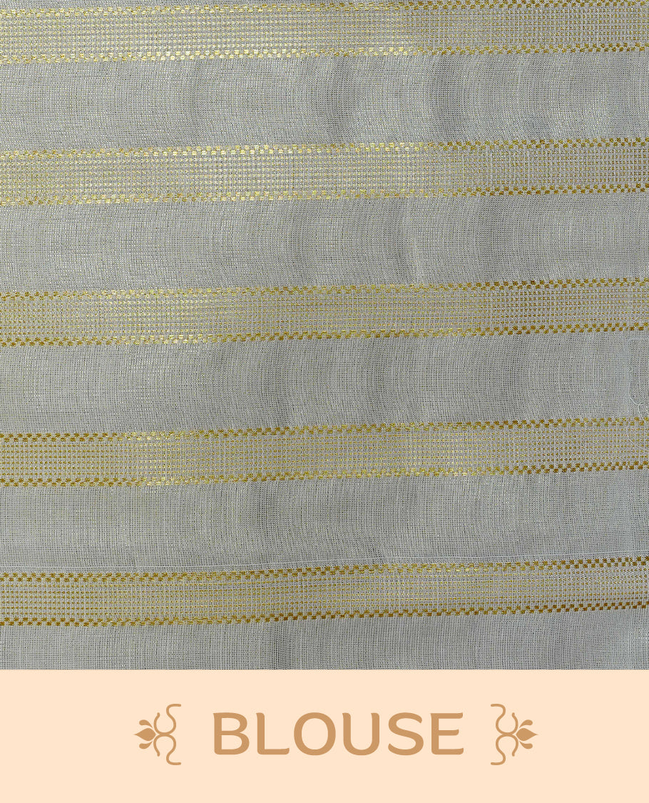 Cream Colour Tissue Kerala Saree Featuring Classy Gold zari stripes on Body, Enriched By Gold Zari Border, Paired With A Matching Blouse Piece.