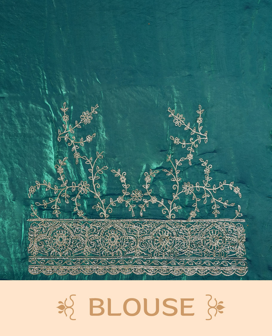 Sky blue colour velvet chiffon designer saree in elegant two tone shades, featuring light gold zari, kodi work with handwoven style thread aari & dori embroidery work, Swarovski stone work and all over motifs, comes with matching blouse.