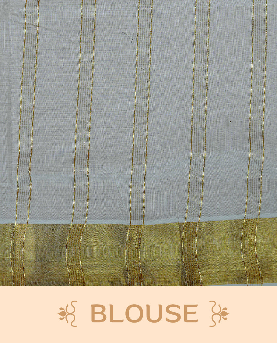 Cream Colour Kerala Saree Featuring Gold Zari Stripes On Body, Enrich Gold Zari With Floral Printed Border & Pallu, Paired With Matching Blouse Piece.