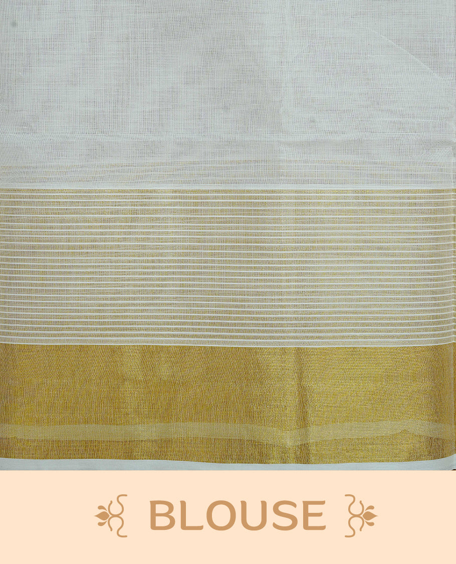 Cream Cotton Colour Kerala Saree Featuring Delicate Gold Mango Motifs, Enhanced with a Rich Gold Zari Border and Fine Striped Detailing. The Elegant Pallu Completes the Traditional Look and Comes with a Matching Blouse Piece.