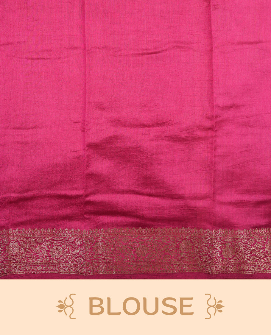 Cream beige Banaras soft silk saree with gold zari oval motifs on body, with contrast Pink colour floral pattern on pallu, border, and Matching blouse.