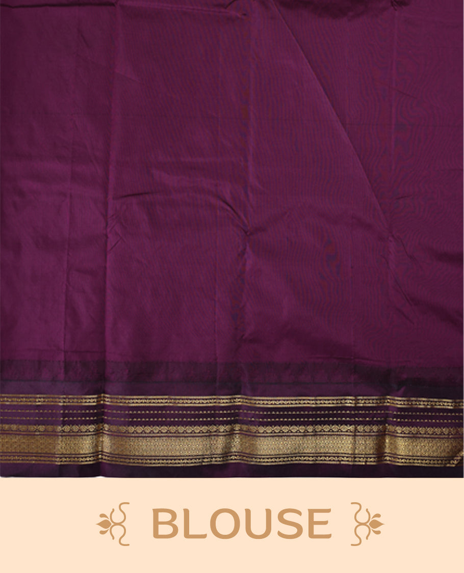 Peacock green semi silk saree with plain body, vibrant deep violet pallu and matching violet border adorned with golden zari, accented with temple motifs along the edges, Paired with a matching blouse, perfect for festive occasions.