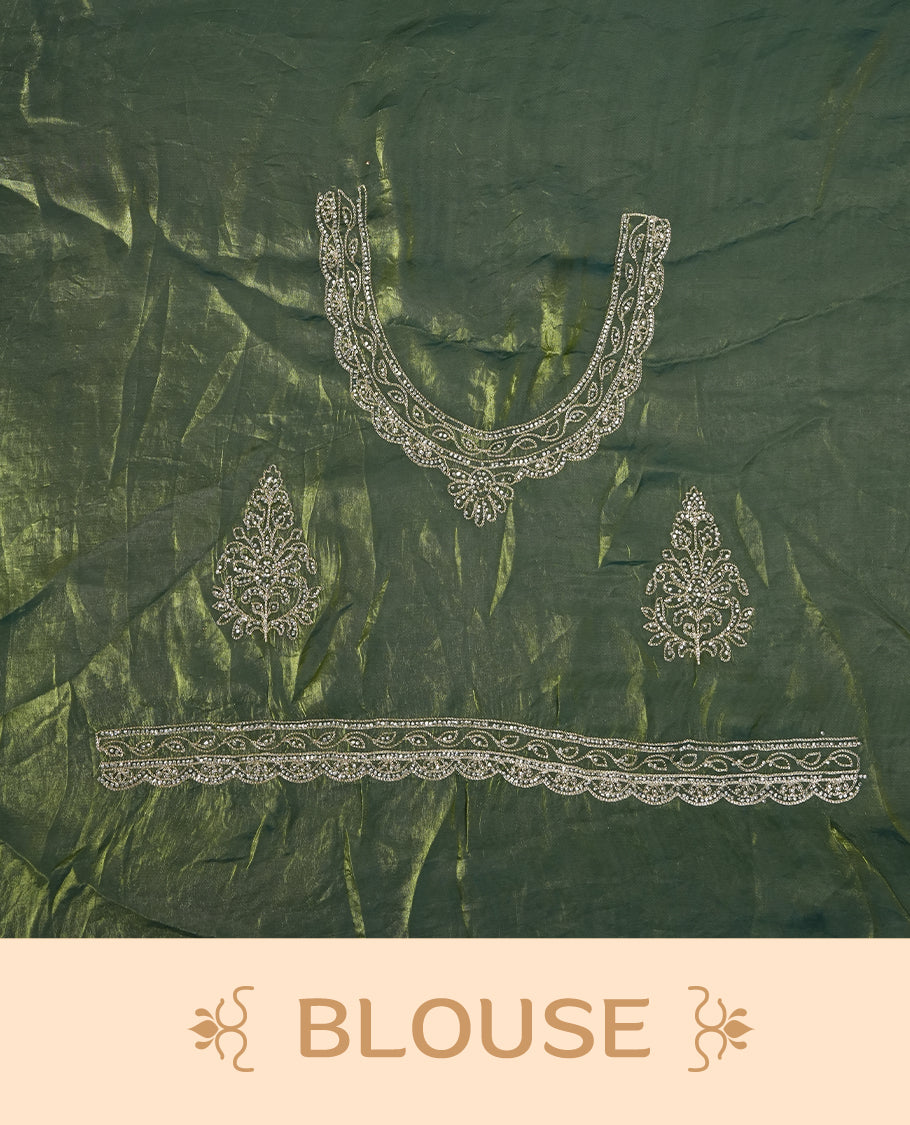 Asparagus green colour velvet chiffon designer saree in elegant two tone shades, featuring light gold zari, kodi work with handwoven style thread aari & dori embroidery work, Swarovski stone work and all over motifs, comes with matching blouse.