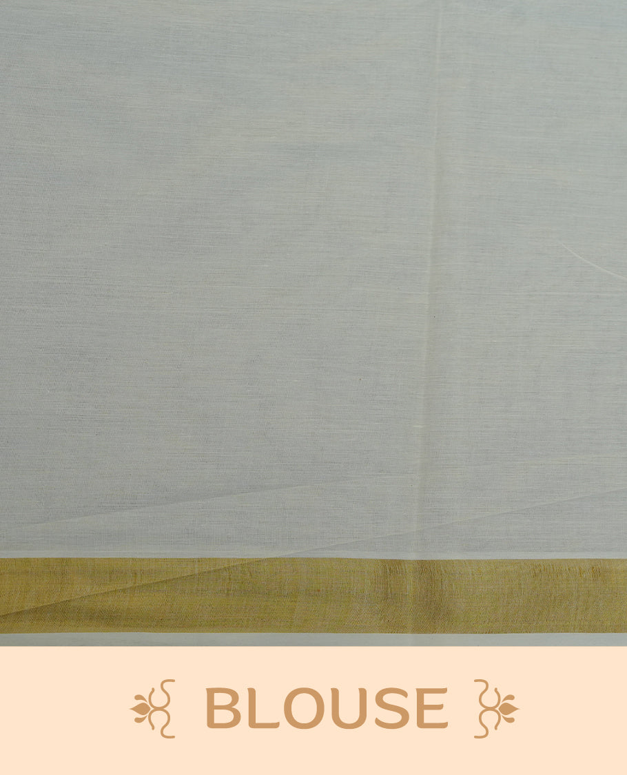 Cream colour Cotton kerala Saree featuring Flower & Bird Print on body, Enhancing Gold zari kasavu border, comes with matching blouse piece.