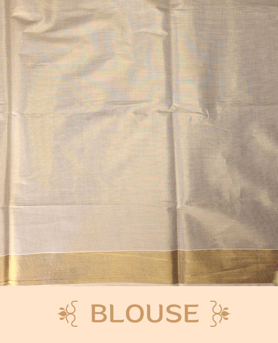 Classic Kerala Kasavu saree with golden motifs and a grand woven pallu, The ivory tone with intricate zari detailing makes it ideal for weddings and festivals, Pair with gold jewelry for a graceful, regal look.