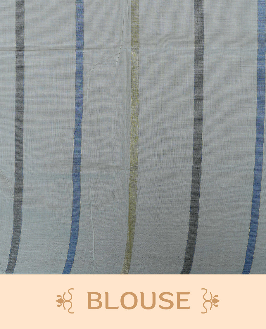 Off White Colour Cotton  Kerala Saree Featuring Light Gold & Grey , Blue Zari Stripped Body, Enrich By Zari Border, Pallu ,Comes With Matching Blouse Piece.