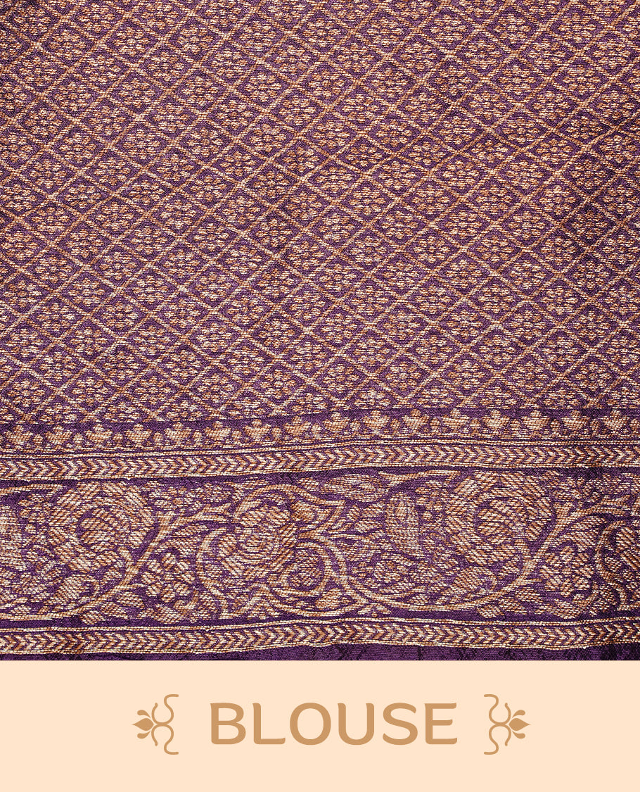 Purple colour Banarasi Bandhani silk saree featuring intricate antique zari circle Buttas across the body, complemented by an elegant antique zari border. Comes paired with a matching blouse piece